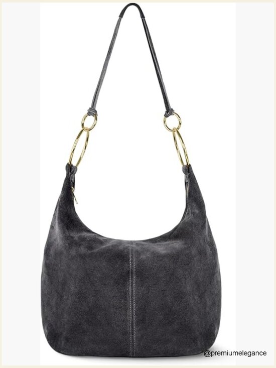 Handbags - Italian Suede Hobo Bag with Zippered Closure and Ring Hardware, Large Shoulder